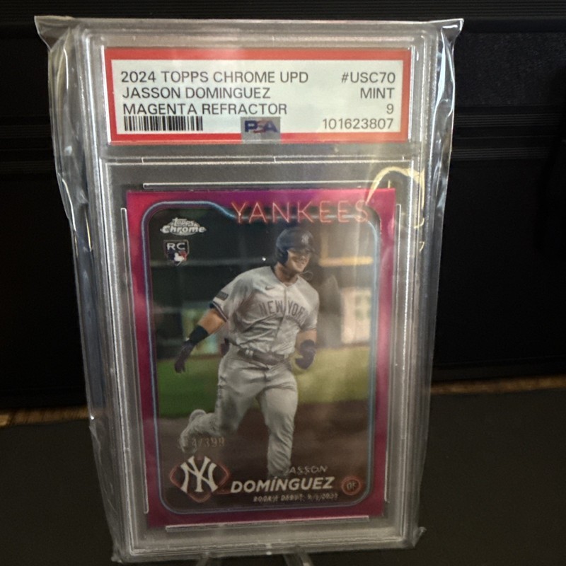 JASSON DOMINGUEZ 2024 TOPPS CHROME UPDATE MAGENTA REFRACTOR ROOKIE 314/399 PSA 9