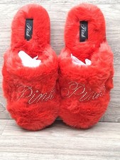 PINK Victoria's Secret Faux Fur Closed Toe Bling Logo Slippers Womens Size S NEW