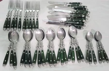 Hanford Forge Flatware Set Of 55 Pieces Green Handle Bistro Two Rivets