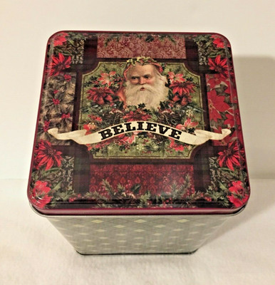 Holiday Christmas Tin/Metal Can with Lid Santa Claus ''Believe'' on Lid