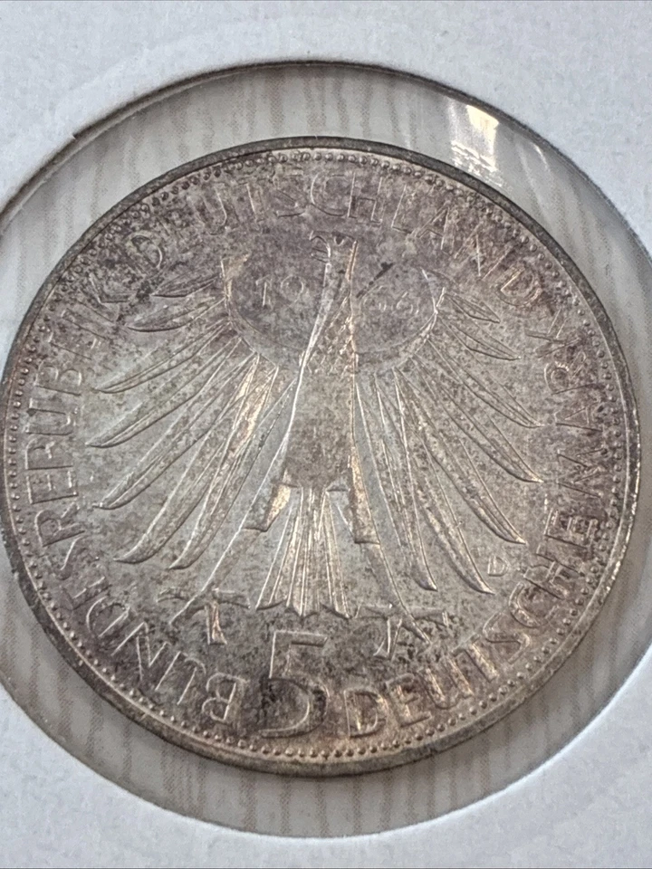 ALEMANIA 5 marcos 1966 D - Moneda de plata 0,625 - Gottfried Wilhelm Leibniz Foto 2 de 2
