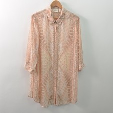 Chicos Sheer Shirt Dress Womens 3 US XL Button-Up Pink Brown
