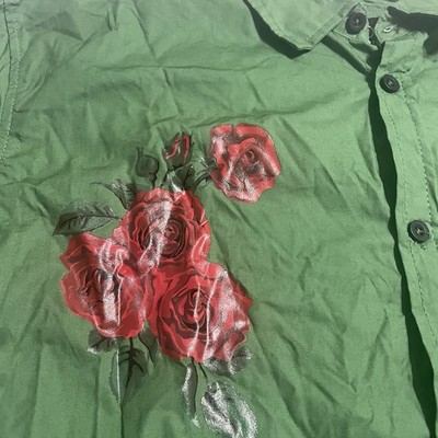 Vtg ENCRYPTED Handcrafted SS Green Button Up Shirt Rose Cross Mens