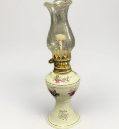Milk Glass Oil Lamp And Chimney Roses Gold Small 9.5” Tall