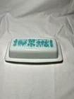 Vintage Pyrex Turquoise Butter Print Amish Covered Butter Dish   Mint Condition