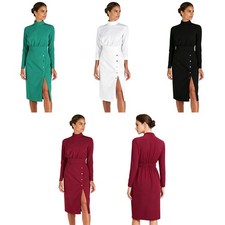 Women Nurse Dress Scrub Uniform Mock Neck Elastic Waist Buttoned Pencil Dress