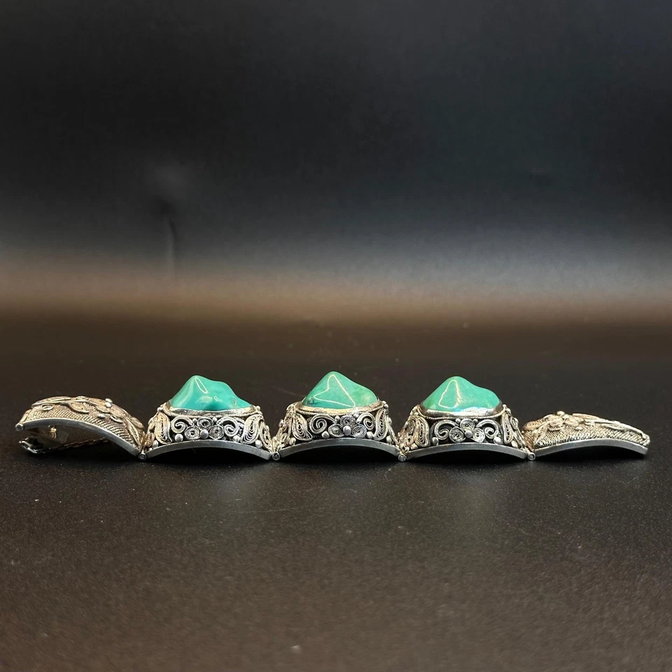 Antique Chinese Export Sterling Silver Filigree and Torquoise Bracelet - Image 2 of 4
