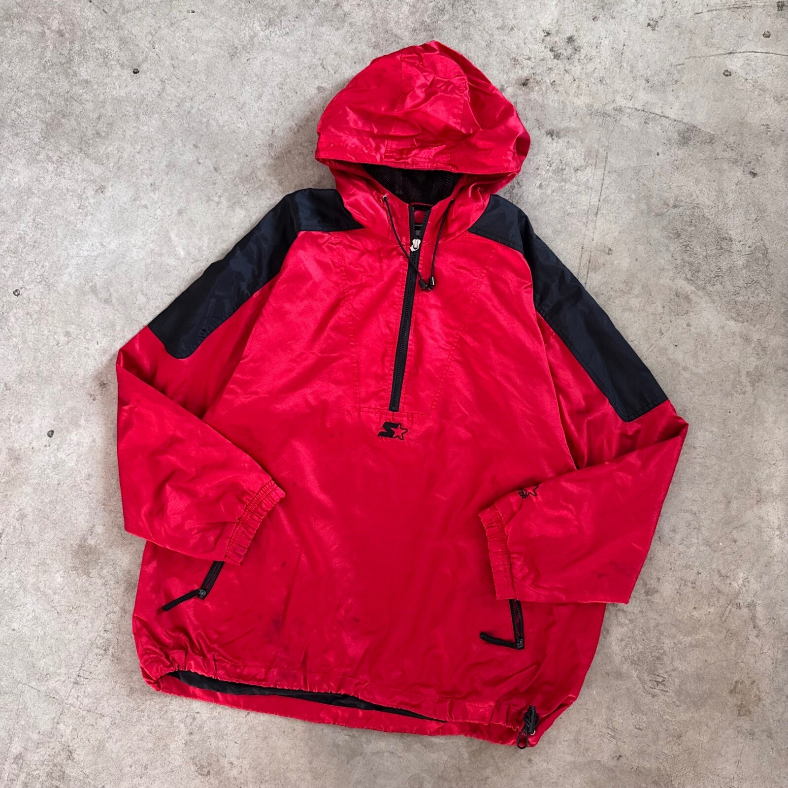 Vintage 90s Starter Center Logo Windbreaker Anorak Jacket Red Color Block XL
