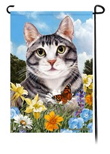 Summer Flowers Garden Flag - Silver and White Tuxedo Cat