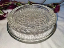 Vintage Crystal Cut Clear Glass Cigar Cigarette Ashtray 5.5” Heavy +2 Plates