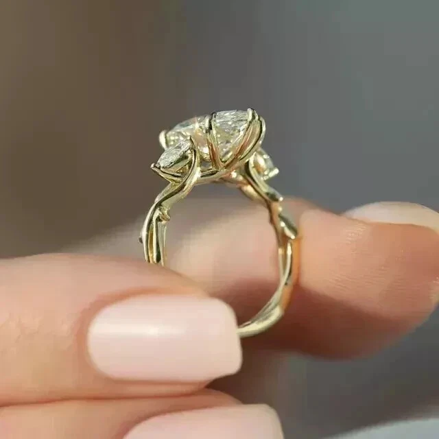 3Ct Marquise Cut Lab Created Diamond 14K Gold Finish Three-Stone Engagement Ring - Image 2 of 4