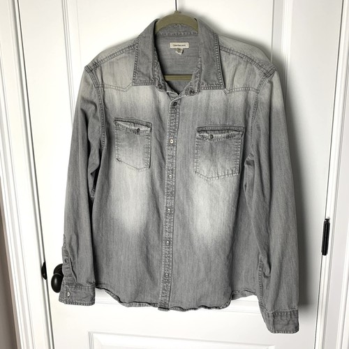 Calvin Klein Jeans Shirt Men XL Snap Button Down Long Sleeve Grey Western Casual - Picture 7 of 7