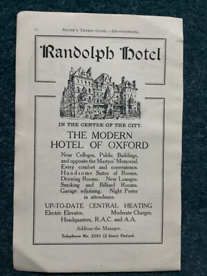 1930,er Jahre Reklame, Randolph Hotel,,Oxford,moderne Zentralheizung,Oldtimer  