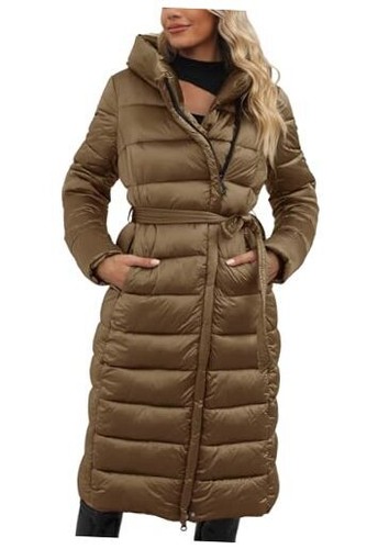 Women's Puffer Jacket Lightweight Quilted Hooded Long Down Small Camel