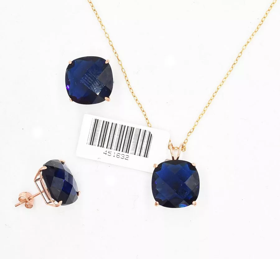 JUEGO DE PENDIENTES Y COLGANTES DE ZAFIRO AZUL A CUADROS 22,16 QUILATES ORO ROSA 14k - Nuevo con etiquetas Foto 3 de 4