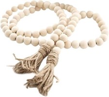Farmhouse Beads 58in Wood Bead Garland with Tassels Rustic Country Natural