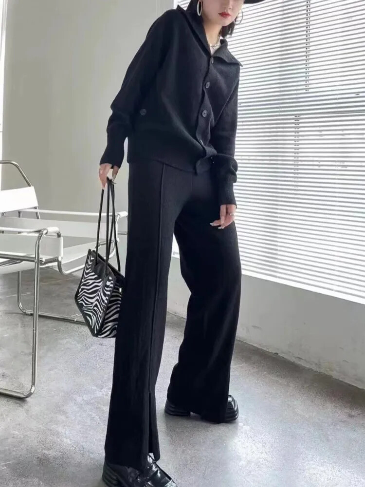 Autumn Women's 2-piece Tracksuit Cardigan Top Wide Leg Pants Korean Pantsuits