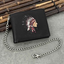 Men American Indian Chief Head Punk Biker Card Holder Wallet Purse With Chain