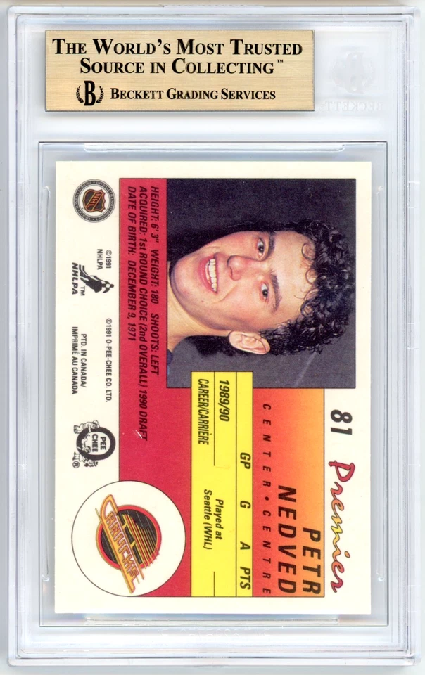 Tarjeta de novato Petr Nedved BGS 9,5: 1990-91 OPC Premier Foto 2 de 3