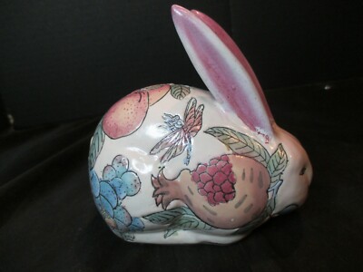HAND PAINTED RABBIT FIGURINE BUTTERFLIES DRAGONFLY CATERPILLAR FRUIT DESIGN