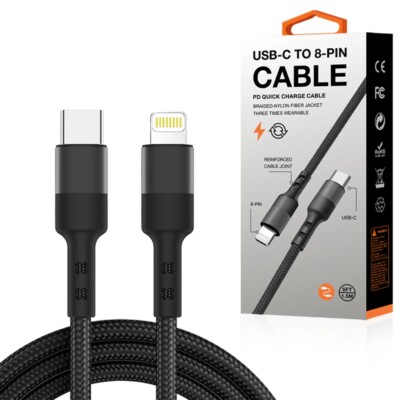 5FT USB-C Type C Male to 8-PIN Cable Fast Charging & Sync Braided Cord Black