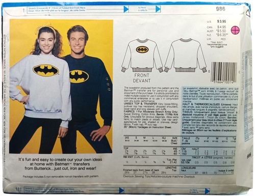 Butterick 986 Batman Sweatshirt Sewing Pattern Adult & Child Sizes Unisex - Picture 2 of 2