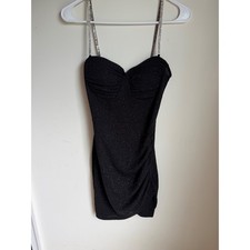 Windsor Black Glitter Rhinestone Strap Bodycon Mini Dress Sweetheart Neck M 0023