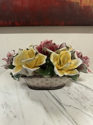 Vintage Capodimonte Porcelain Flower Basket Centerpiece, Crown N Mark Antique