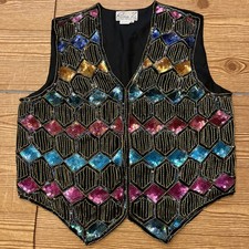 Vtg Rina Z Black 100 Silk Gold Rainbow Sequins Vest Size Large Festive Party