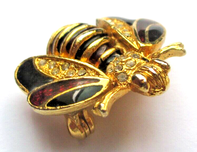 Broche Vintage Abeille En Or émaillé Rouge Avec Cristaux - Réf. 4494 - Occasion Parfaite