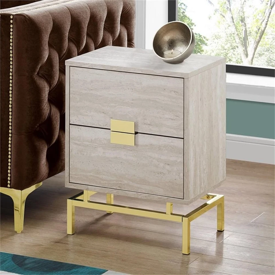 Accent Table Side End Nightstand Lamp Bedroom Metal Beige Marble Look - Image 2 of 3