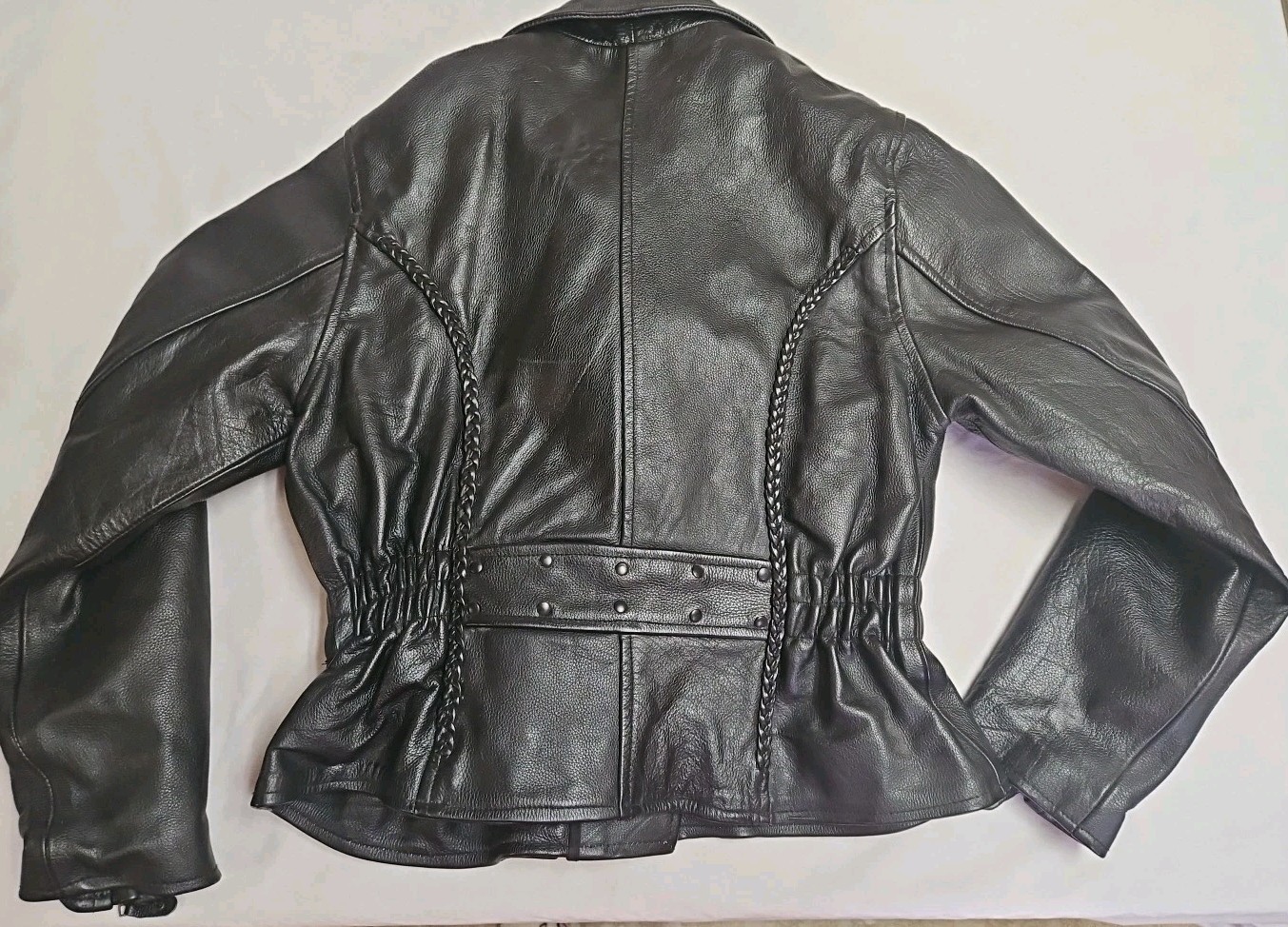 USA Bikers Dream Apparel HEAVY Black Leather Jacket Braided/Studded Zip Liner L