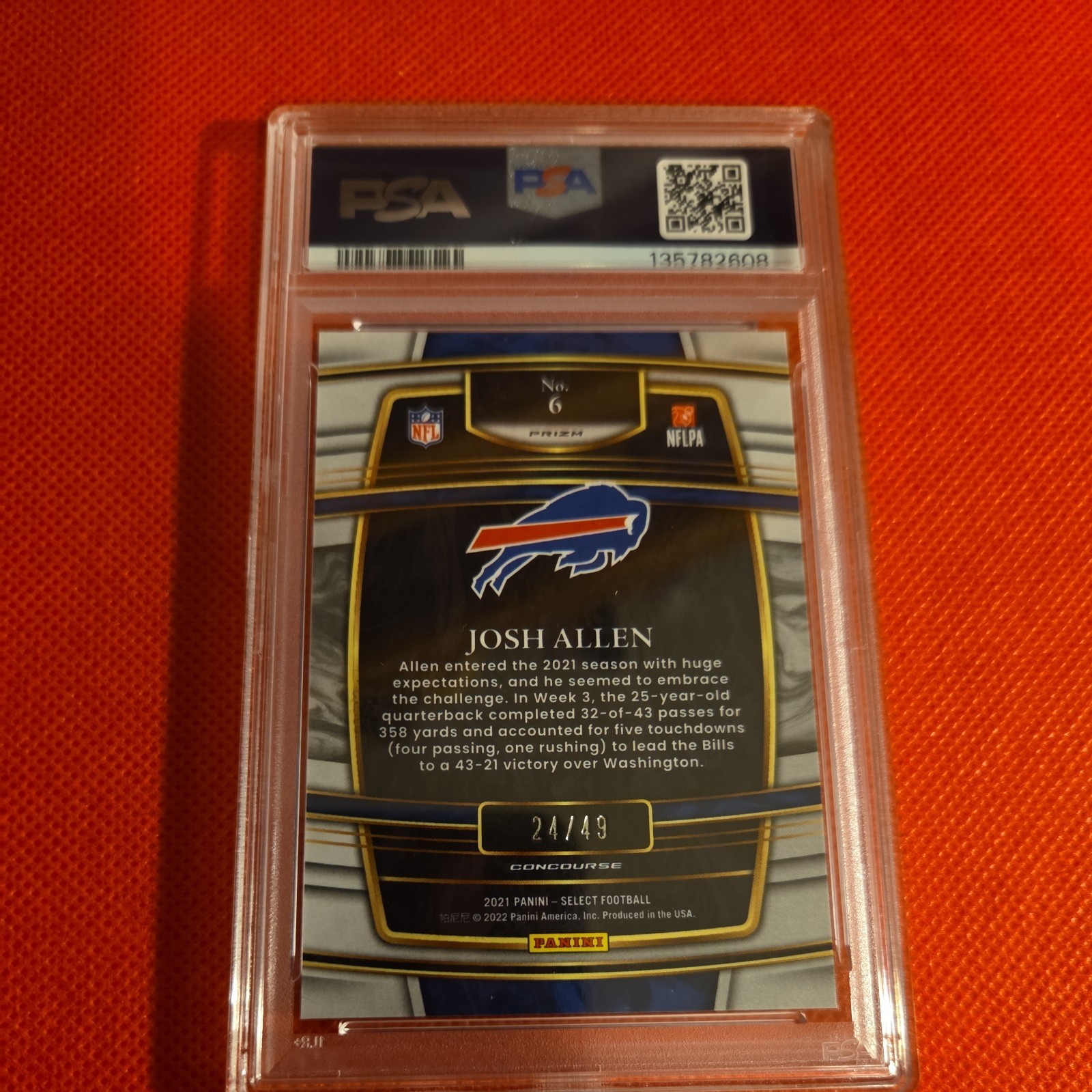 2022 Select Josh Allen #6 Orange Prizm /49 PSA 10 view 2