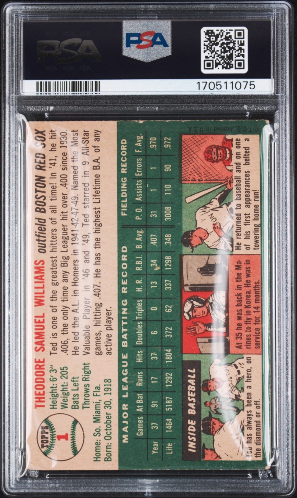 Ted Williams 1954 Topps #1 Boston Red Sox, PSA 3 but Should Grade Higher, Iconic view 2