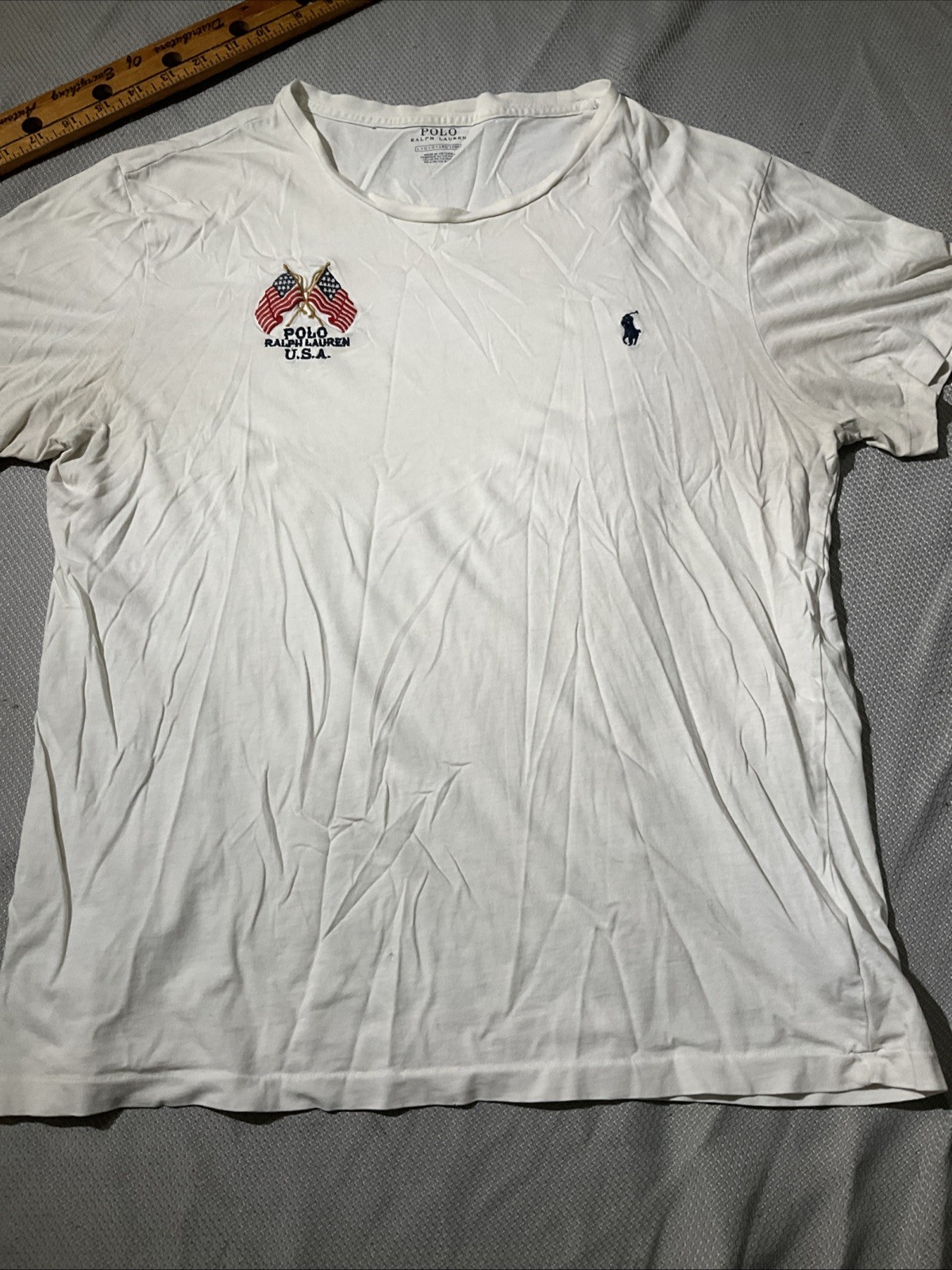 Polo Ralph Lauren camicia uomo media bianca ricamata bandiera logo pony grunge maglietta