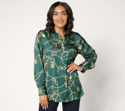 Susan Graver Petite Printed Charmeuse Button-Front Tunic Top Evergreen M New