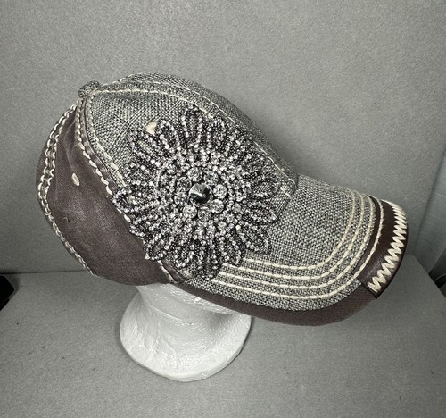 OLIVE & PIQUE BEJEWELED RHINESTONES FLOWER 2 TONE DISTRESSED CAP HAT WOMEN'S