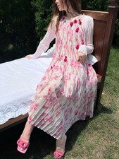 Be Queen Story Floral Pleated Chiffon Midi Dress Sleeveless Appliqué S