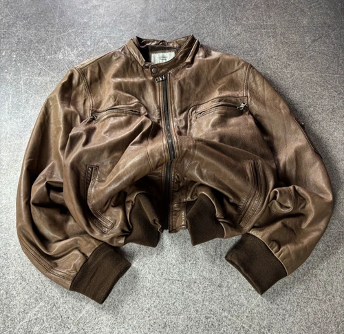 Vintage Brown Leather Bomber Jacket Y2K Zip Up Moto Style Ribbed Cuffs Pocket De - product listing photo