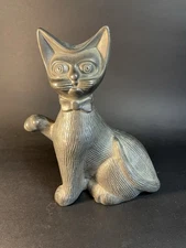Vintage Silver Tone Metal Cat Figurine Coin Bank Mid-century