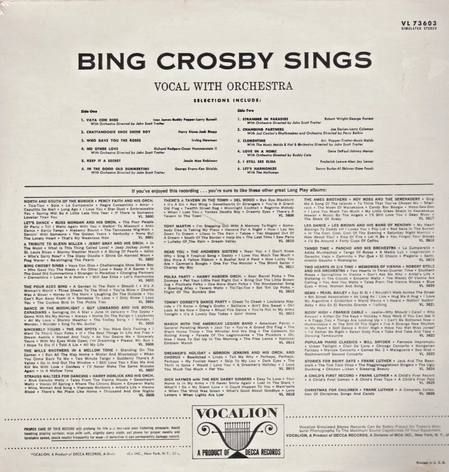 Bing Crosby Sings 1973 - Vocalion VL 73603 - 1973 Release - NEW, SEALED, COND.!! - Image 2 of 4