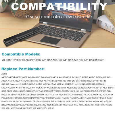 Batería Para Portátil ASUS - Compatible Con Modelos A52, K52, X52, A42, K42, X42, Capacidad 4400mAh/48Wh