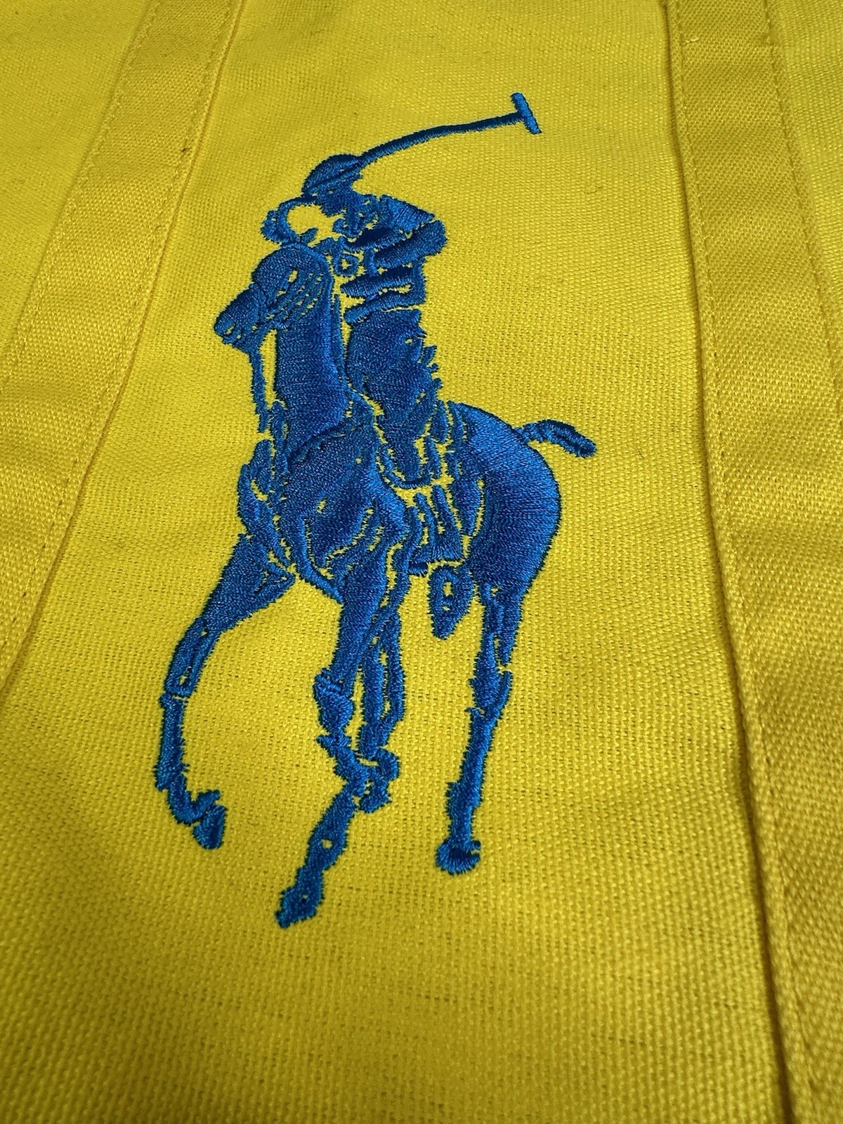 Borsa tote vintage Polo Ralph Lauren gialla ricamata blu grande pony 3