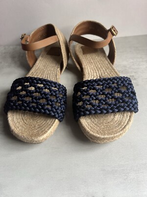 Tory Burch Knob Solemar Raffia Woven Dark Blue Espadrilles EUR US 