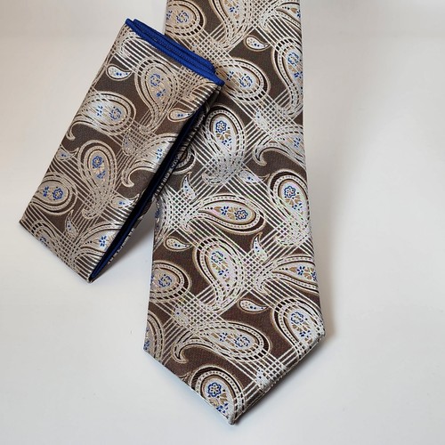 NWT Imani Uomo Men's Tie 3" Light Brown Beige Paisley With Pocket Square SALE!