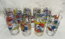 Complete set of 14 Hardee's Smurf Glasses. 14 oz. 1982 &1983 Clear and Crisp.