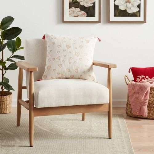 Threshold Throw Pillow 18x18 Creme Pink Hearts, Tassels, LOVE Valentine's Day - Picture 3 of 6