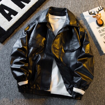 Retro Style Mens Zipper Workwear Jacket Short Faux Leather Zip