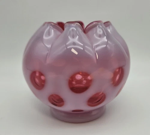 Fenton Cranberry Opalescent Coin Dot Crimped Top Rose Bowl - 3 1/2" tall