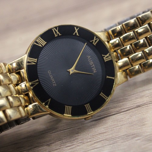 Vintage Austin Watch Womens Gold Tone Stainless Steel Classic Black Dial 80s - Picture 6 of 8